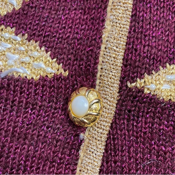 Vintage Metallic Knit Sweater Vest Floral Beaded Plum Purple Gold Trim M/L - Picture 7 of 12